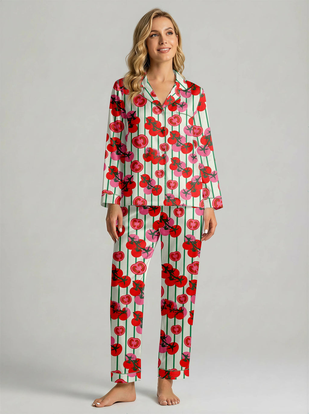 Women’s Long Sleeve Pajama Set – Tomato Print Sleepwear with Striped Design, Cozy Loungewear for Home