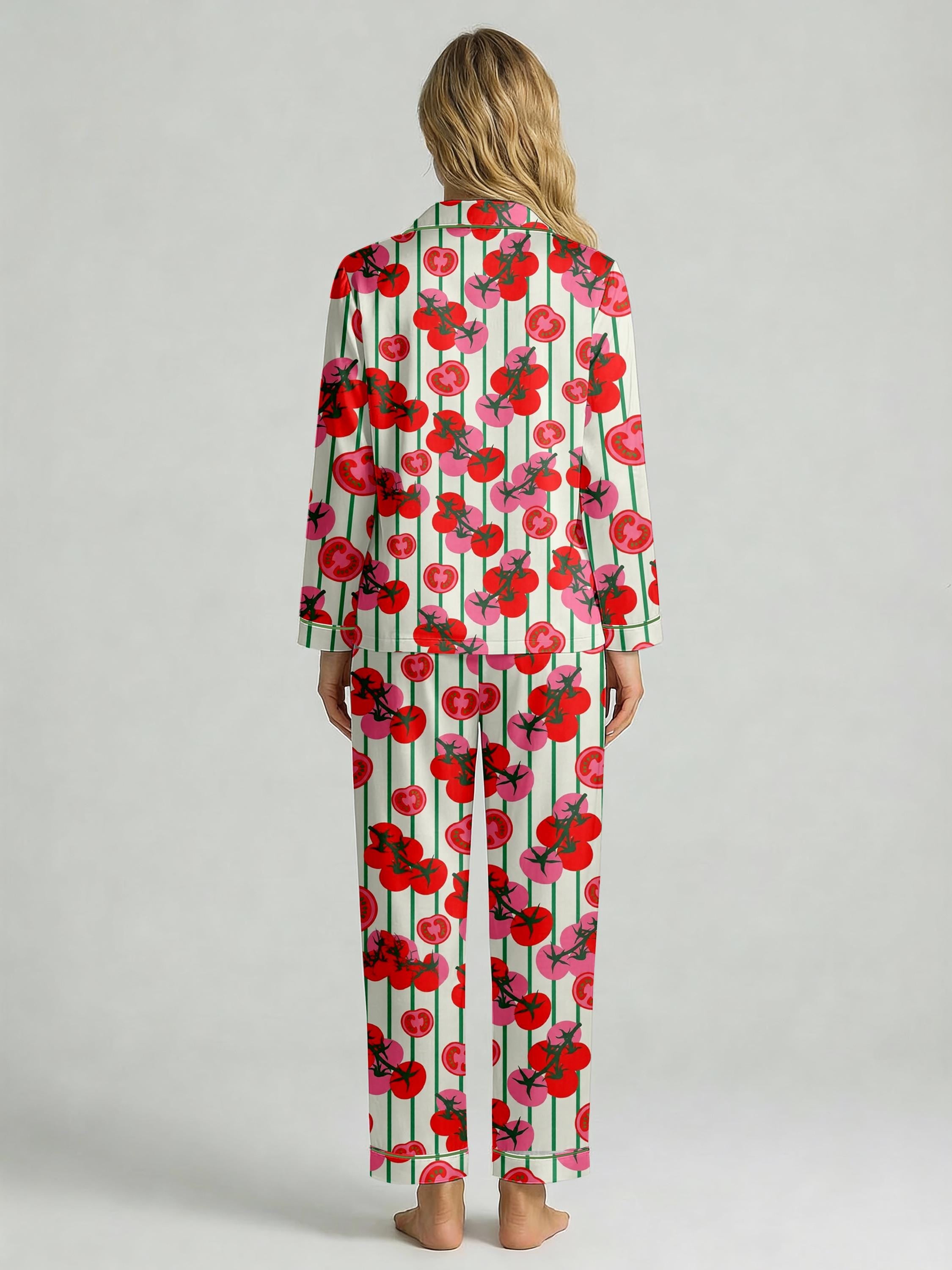 Women’s Long Sleeve Pajama Set – Tomato Print Sleepwear with Striped Design, Cozy Loungewear for Home