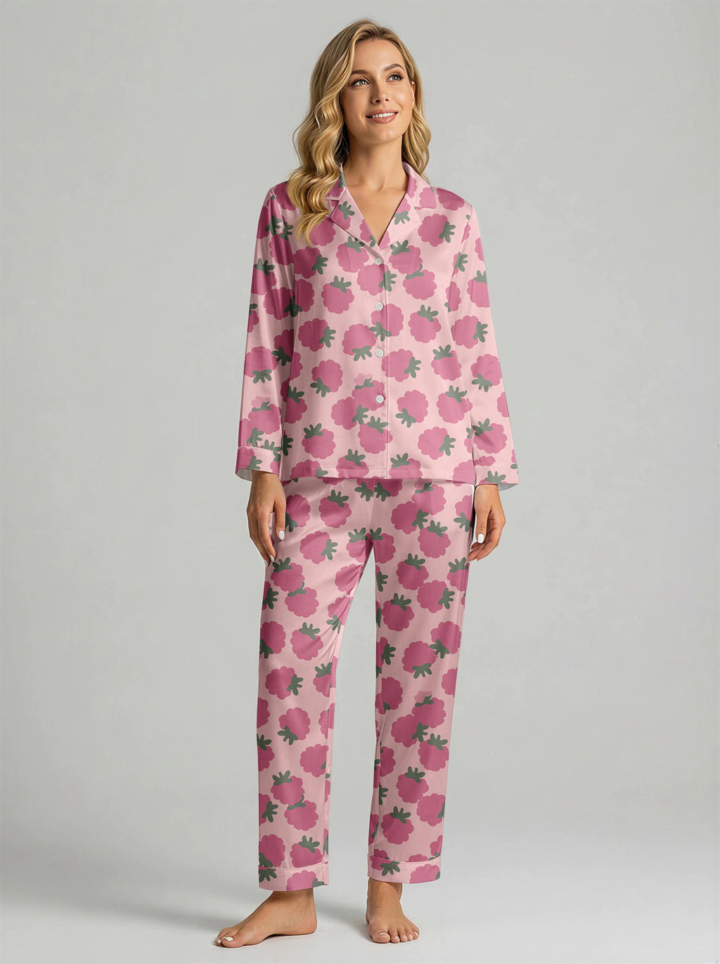 Women’s Long Sleeve Pajama Set – Pink Raspberry Print Sleepwear, Cozy Loungewear for Home