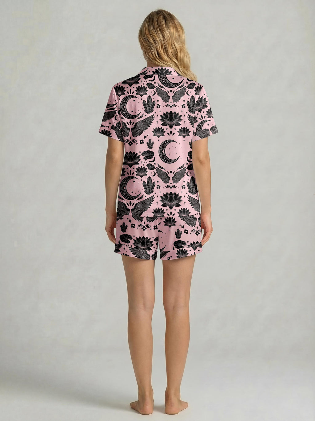Women’s Short Sleeve Pajama Set – Moon and Wing Print Sleepwear, Pink Cozy Loungewear for Home