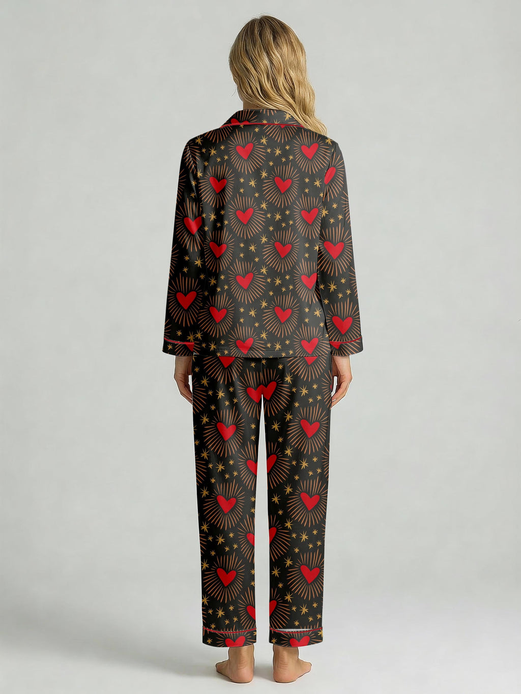 Women’s Long Sleeve Pajama Set – Heart and Star Print Sleepwear, Cozy Loungewear for Home
