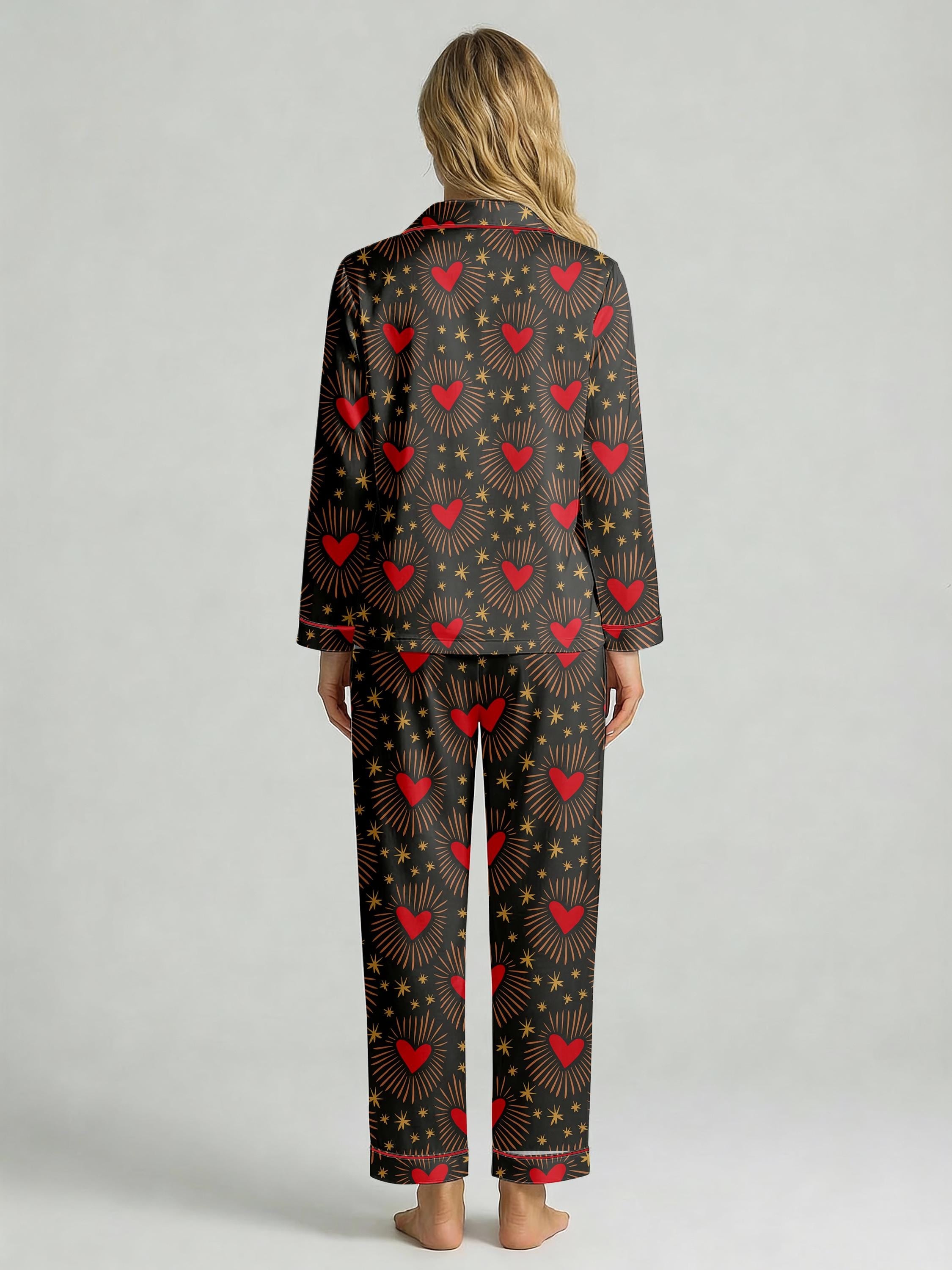 Women’s Long Sleeve Pajama Set – Heart and Star Print Sleepwear, Cozy Loungewear for Home