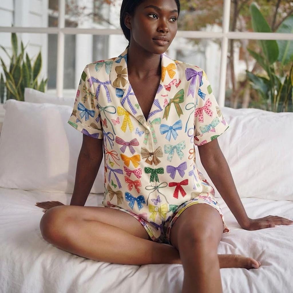 Women’s Short Sleeve Pajama Set – Colorful Bow Print Sleepwear, Pink Loungewear for Home
