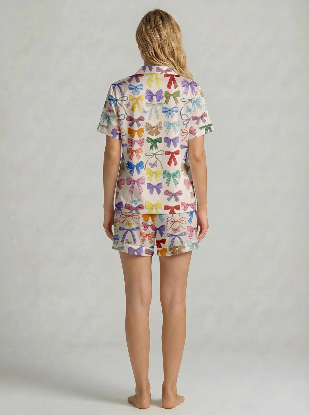 Women’s Short Sleeve Pajama Set – Colorful Bow Print Sleepwear, Pink Loungewear for Home