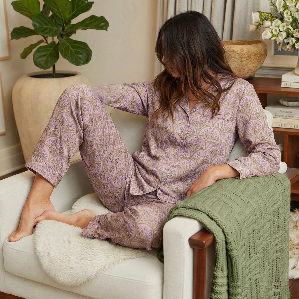 Lavender Floral Pajama Set – Women’s Long Sleeve Vintage Boho Sleepwear