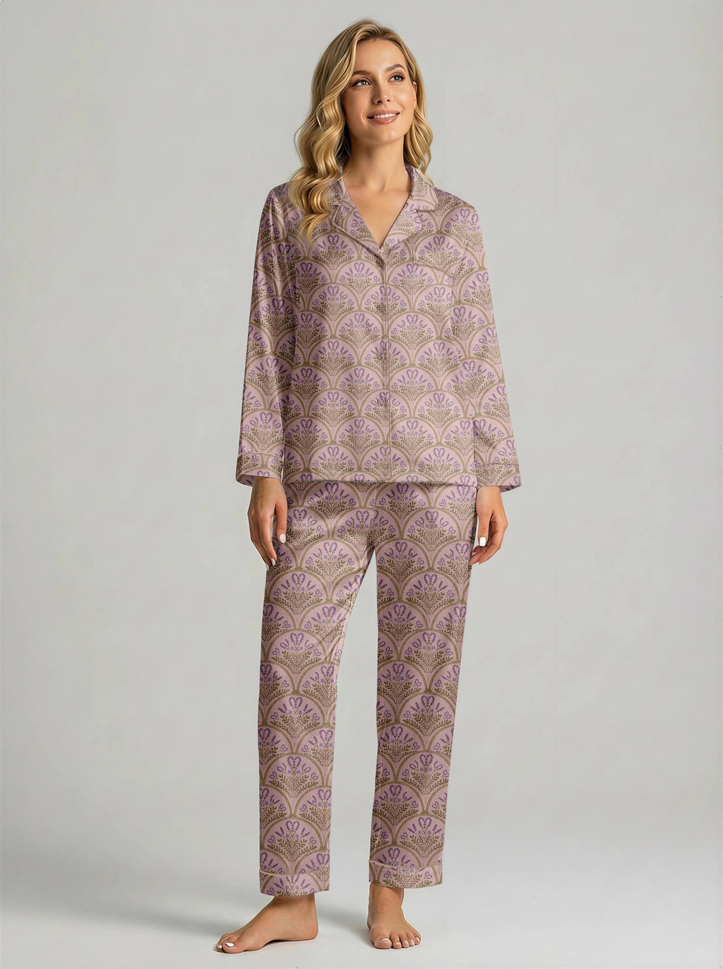 Lavender Floral Pajama Set – Women’s Long Sleeve Vintage Boho Sleepwear