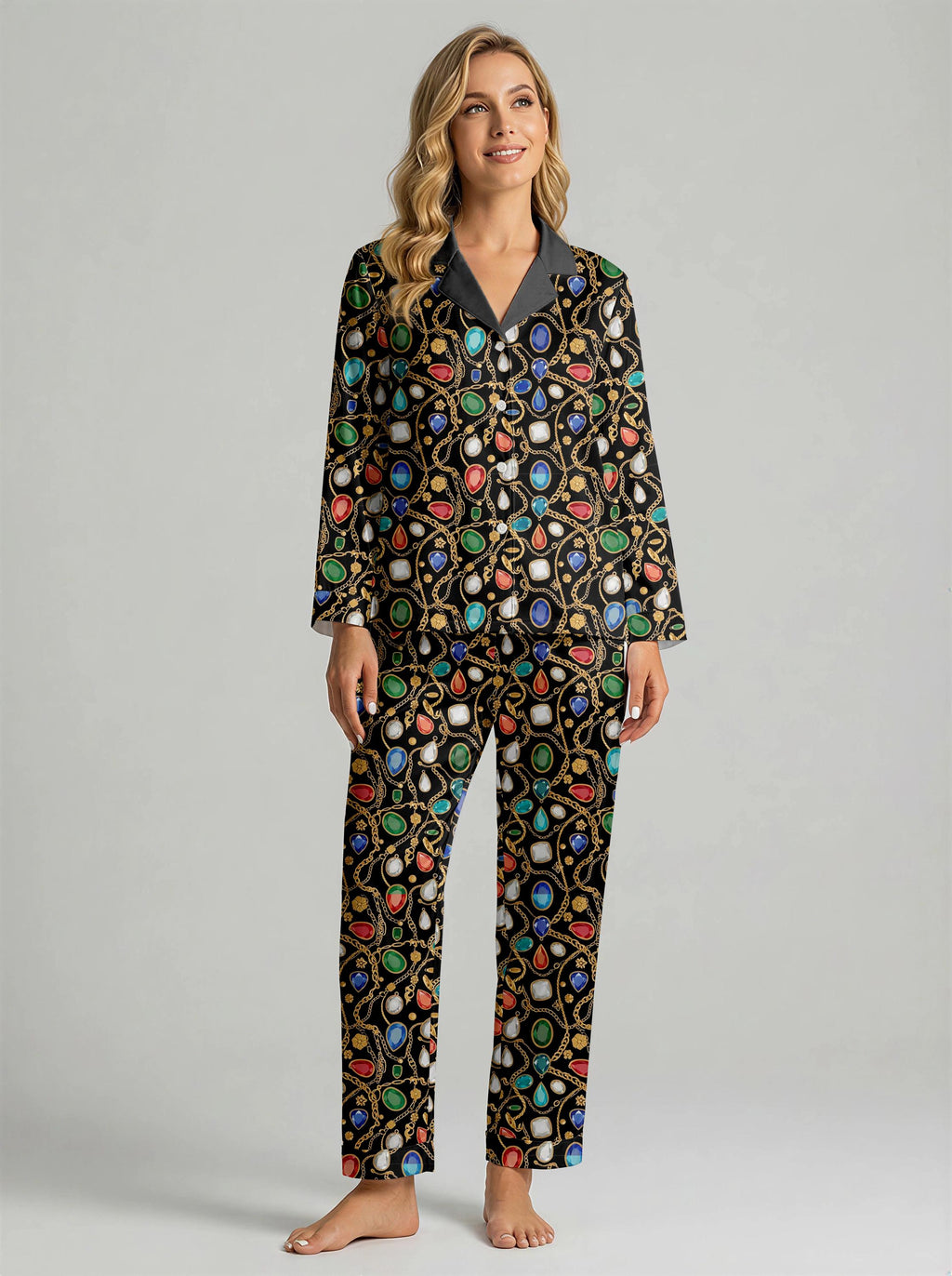 Women’s Long Sleeve Pajama Set – Jewel Chain Print Sleepwear, Elegant Cozy Loungewear for Home