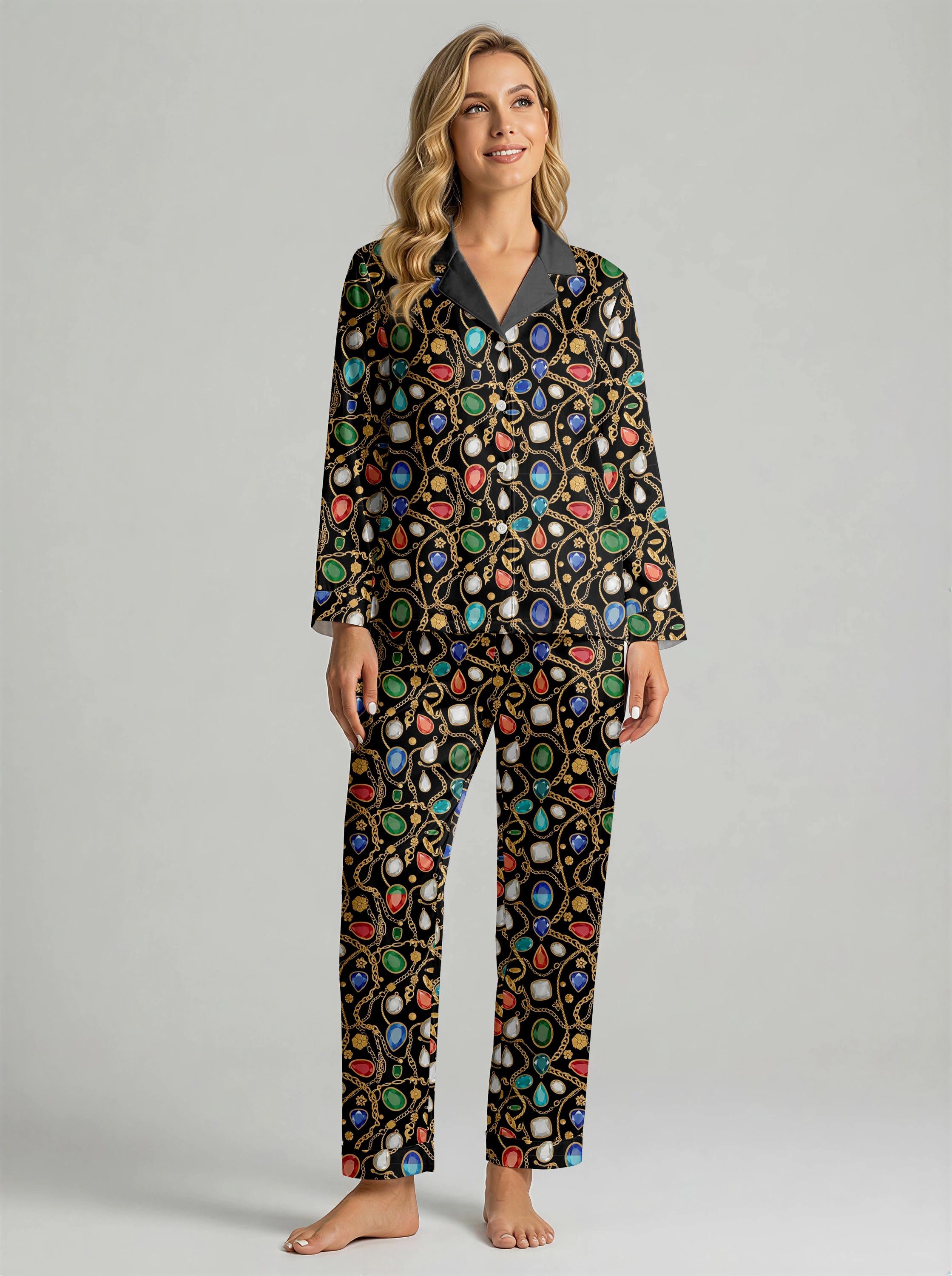 Women’s Long Sleeve Pajama Set – Jewel Chain Print Sleepwear, Elegant Cozy Loungewear for Home