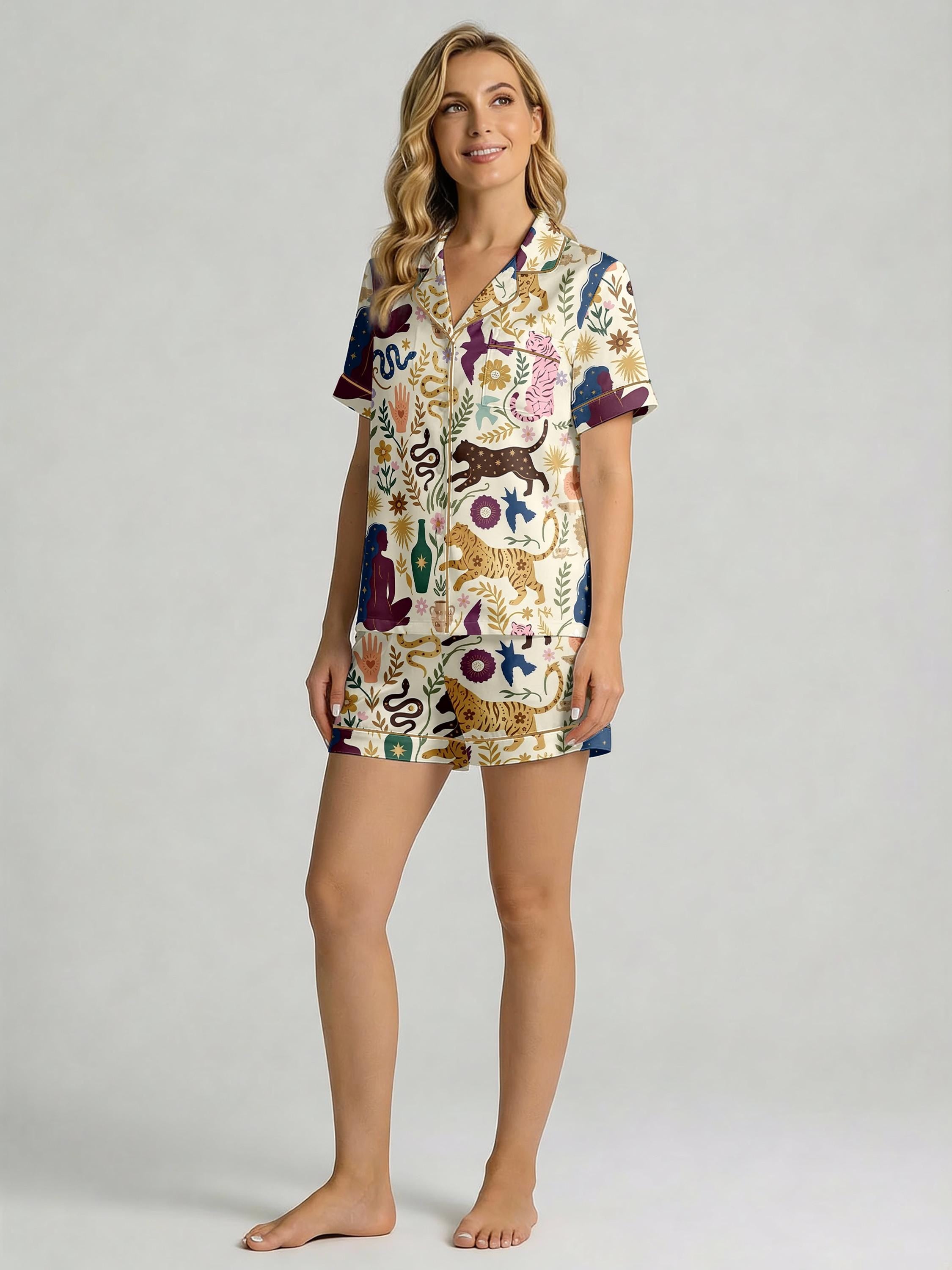 Women’s Pajama Set Short Sleeve – Runescape Animal & Botanical Print Sleepwear, Cozy Loungewear gift for her,Witchy Mystical