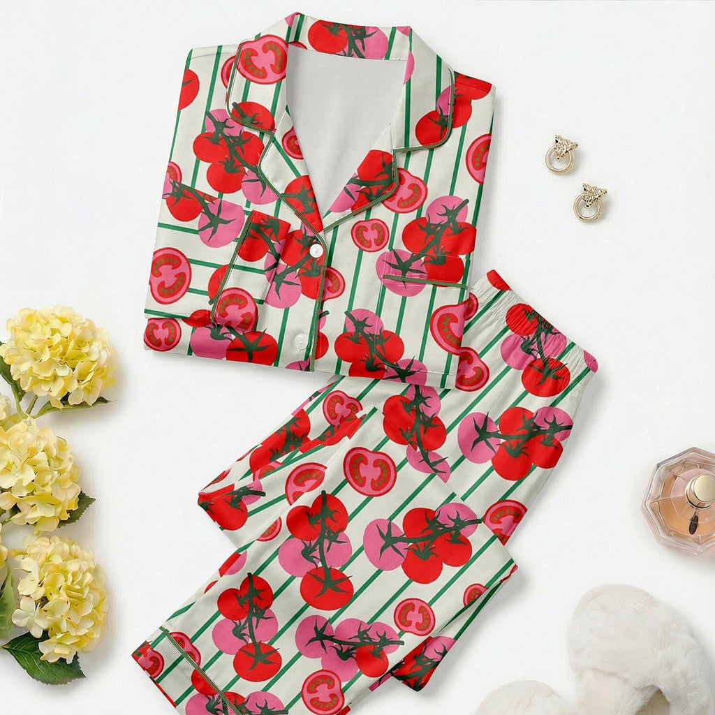 Women’s Long Sleeve Pajama Set – Tomato Print Sleepwear with Striped Design, Cozy Loungewear for Home