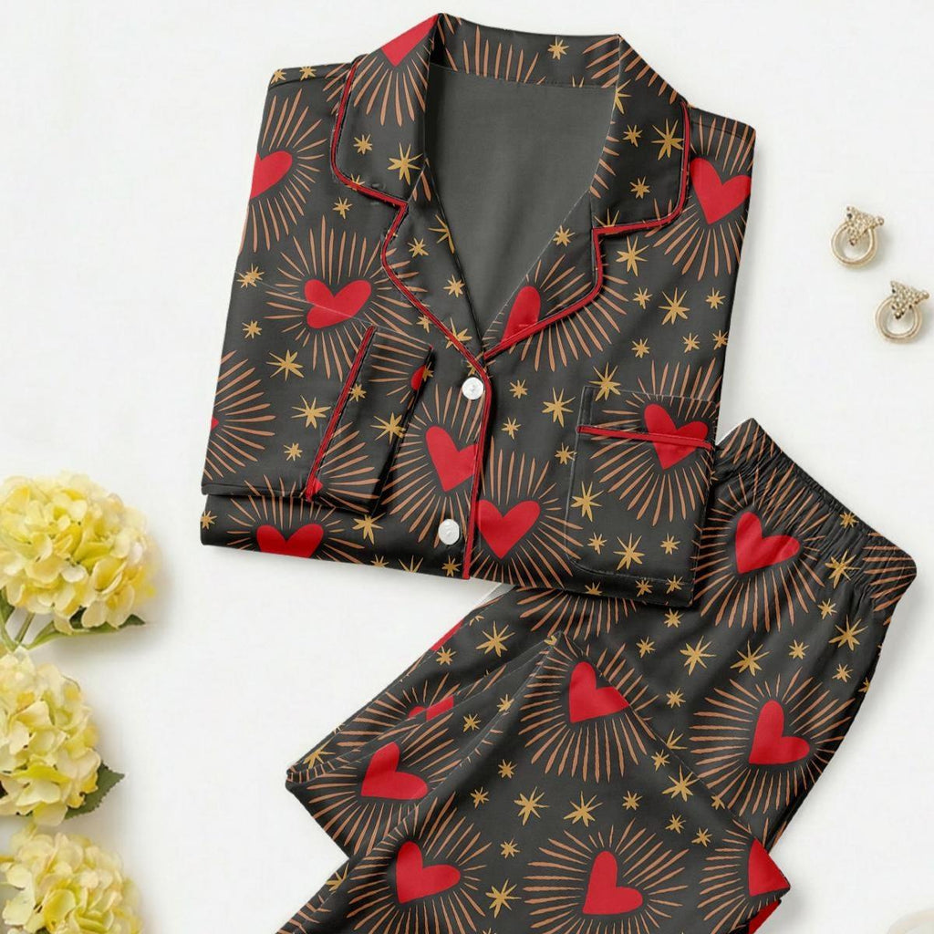 Women’s Long Sleeve Pajama Set – Heart and Star Print Sleepwear, Cozy Loungewear for Home