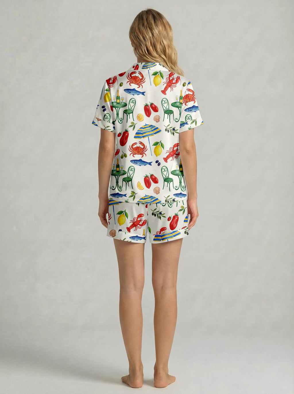 Women’s Short Sleeve Pajama Set – Playful Summer Seafood & Lemon Print Sleepwear, Cozy Lightweight Loungewear for Home