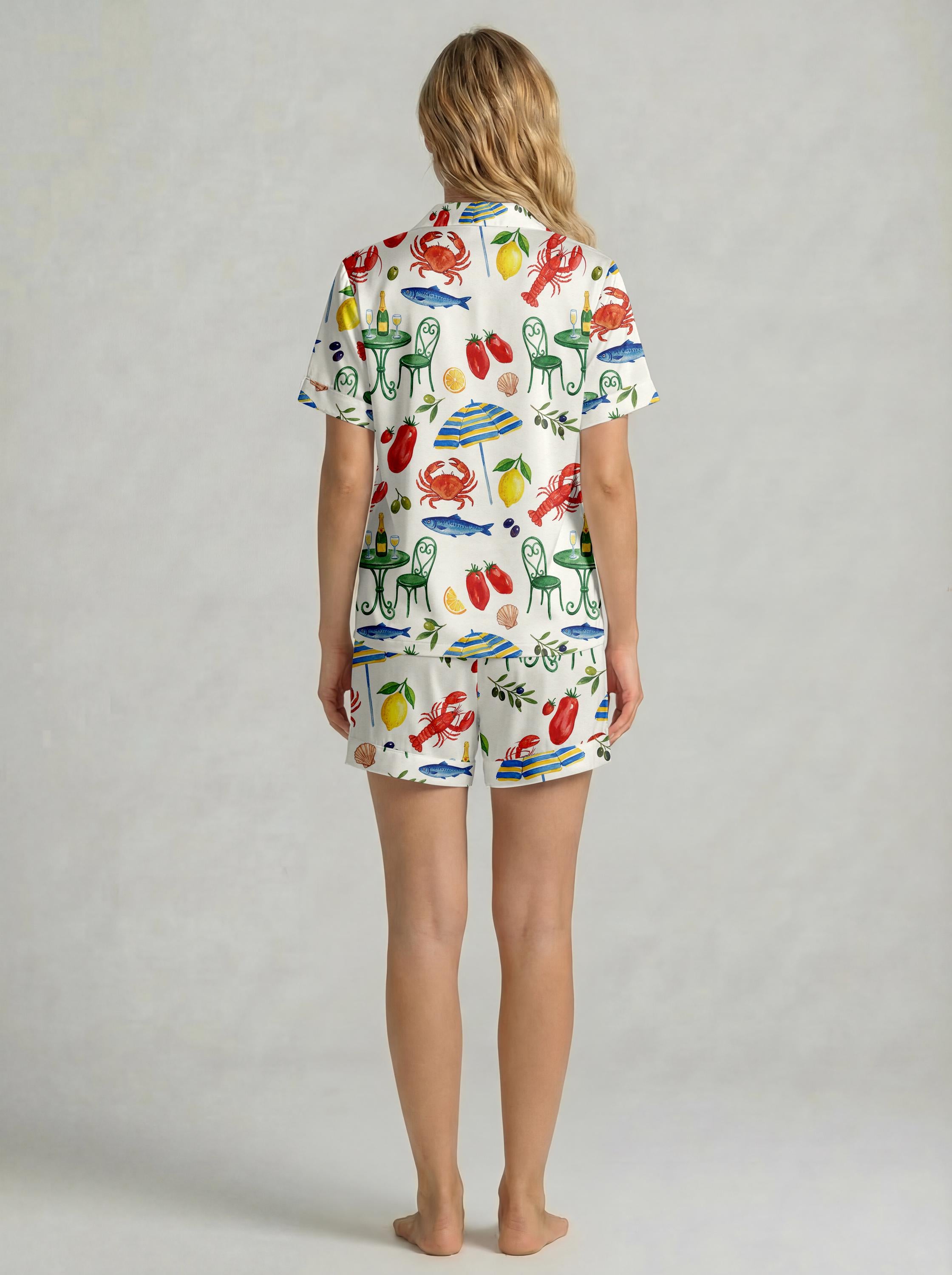 Women’s Short Sleeve Pajama Set – Playful Summer Seafood & Lemon Print Sleepwear, Cozy Lightweight Loungewear for Home