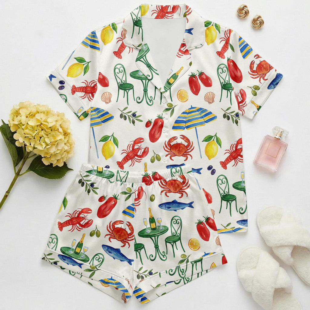 Women’s Short Sleeve Pajama Set – Playful Summer Seafood & Lemon Print Sleepwear, Cozy Lightweight Loungewear for Home