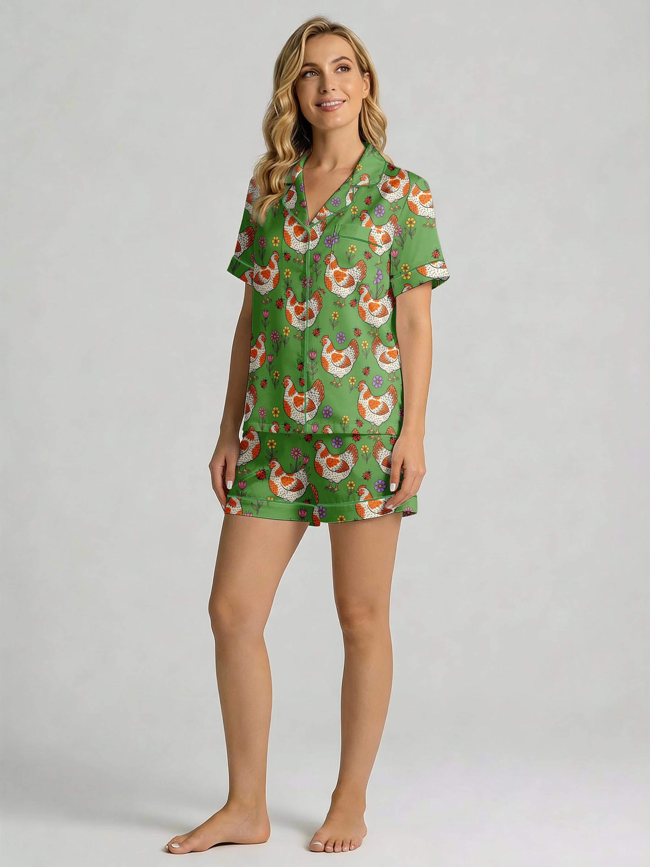 Women’s Short  Pajama Set – Playful Hen & Floral Print Sleepwear, Lightweight Button-Up Loungewear for Summer,Git for Her
