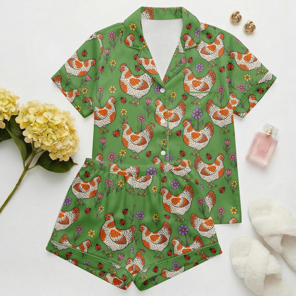 Women’s Short  Pajama Set – Playful Hen & Floral Print Sleepwear, Lightweight Button-Up Loungewear for Summer,Git for Her