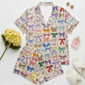 Women’s Short Sleeve Pajama Set – Colorful Bow Print Sleepwear, Pink Loungewear for Home