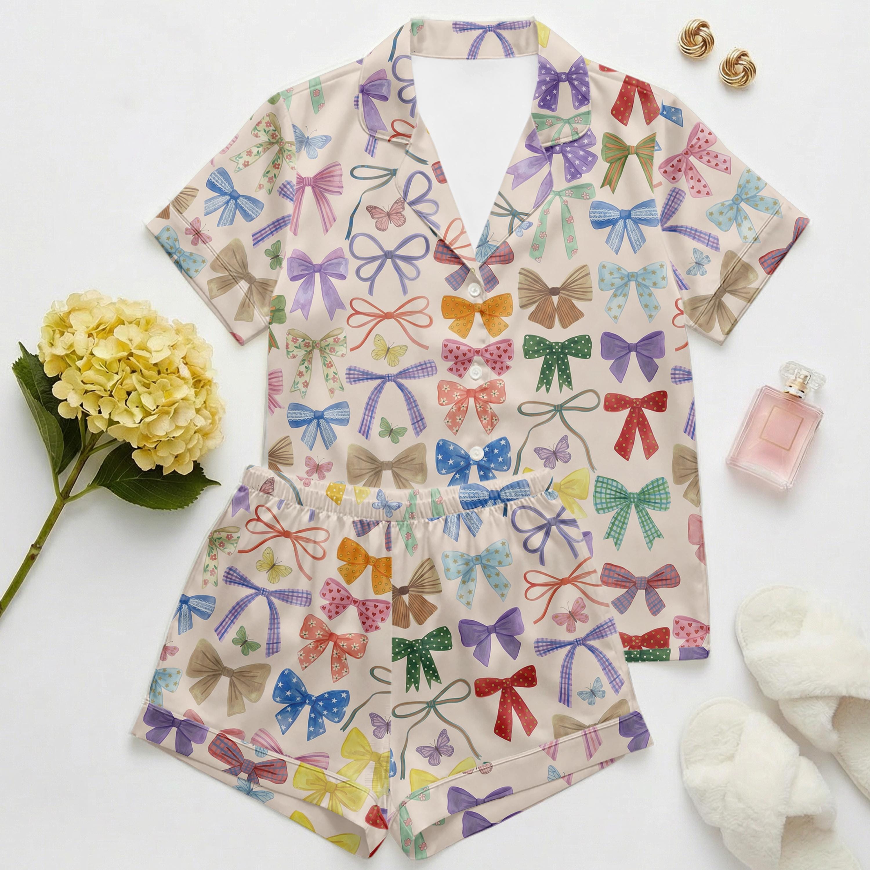 Women’s Short Sleeve Pajama Set – Colorful Bow Print Sleepwear, Pink Loungewear for Home