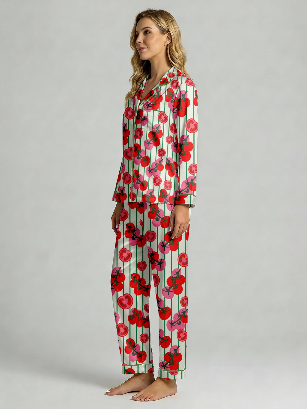 Women’s Long Sleeve Pajama Set – Tomato Print Sleepwear with Striped Design, Cozy Loungewear for Home