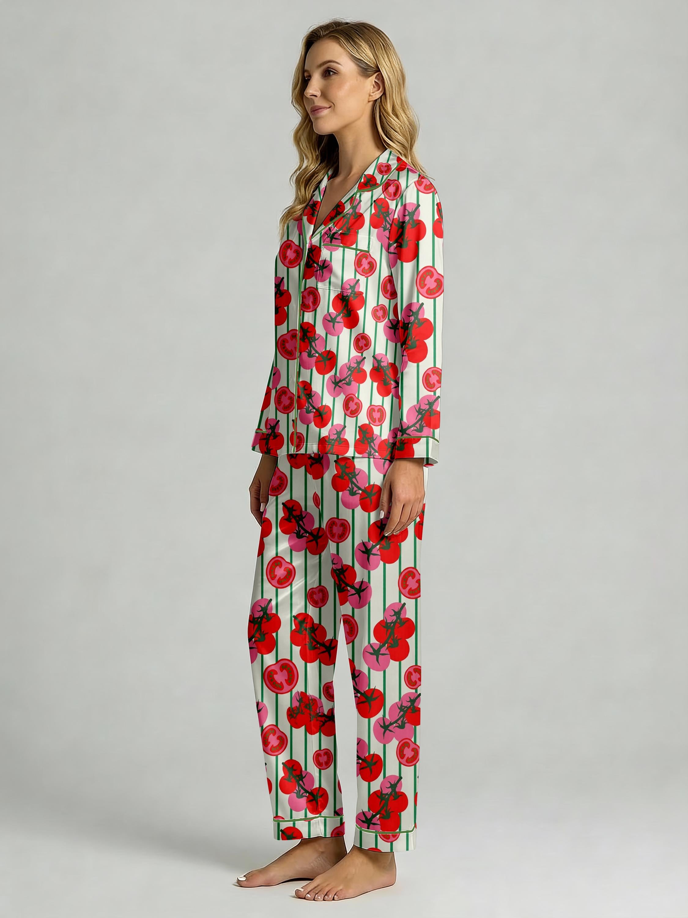 Women’s Long Sleeve Pajama Set – Tomato Print Sleepwear with Striped Design, Cozy Loungewear for Home