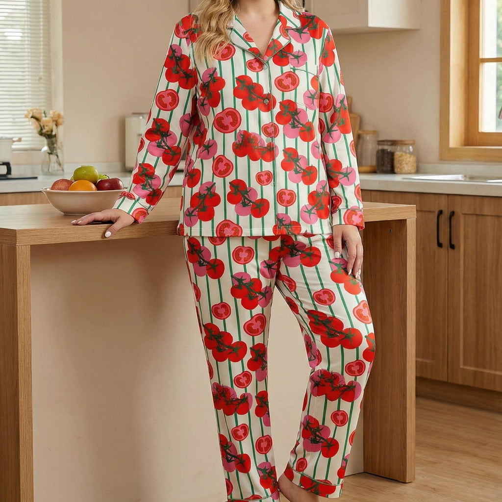 Women’s Long Sleeve Pajama Set – Tomato Print Sleepwear with Striped Design, Cozy Loungewear for Home