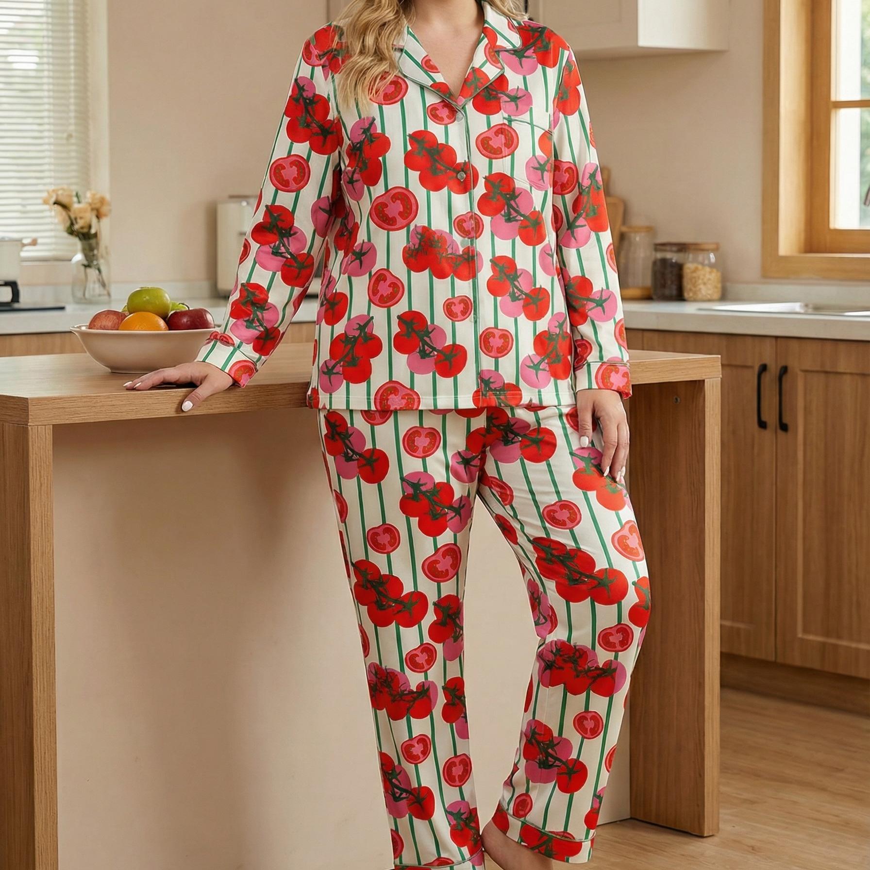 Women’s Long Sleeve Pajama Set – Tomato Print Sleepwear with Striped Design, Cozy Loungewear for Home