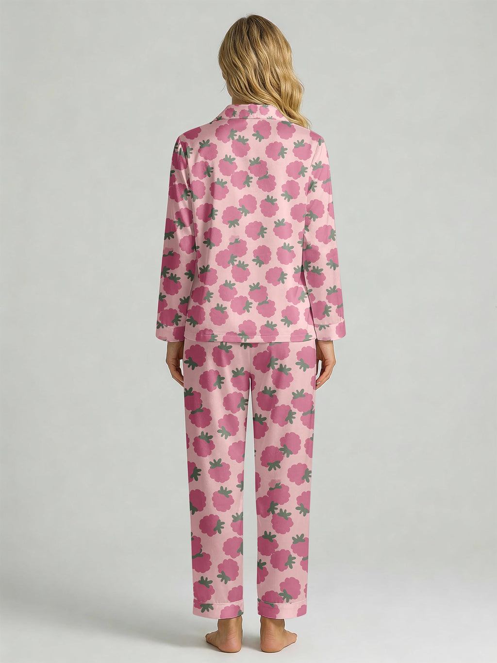 Women’s Long Sleeve Pajama Set – Pink Raspberry Print Sleepwear, Cozy Loungewear for Home