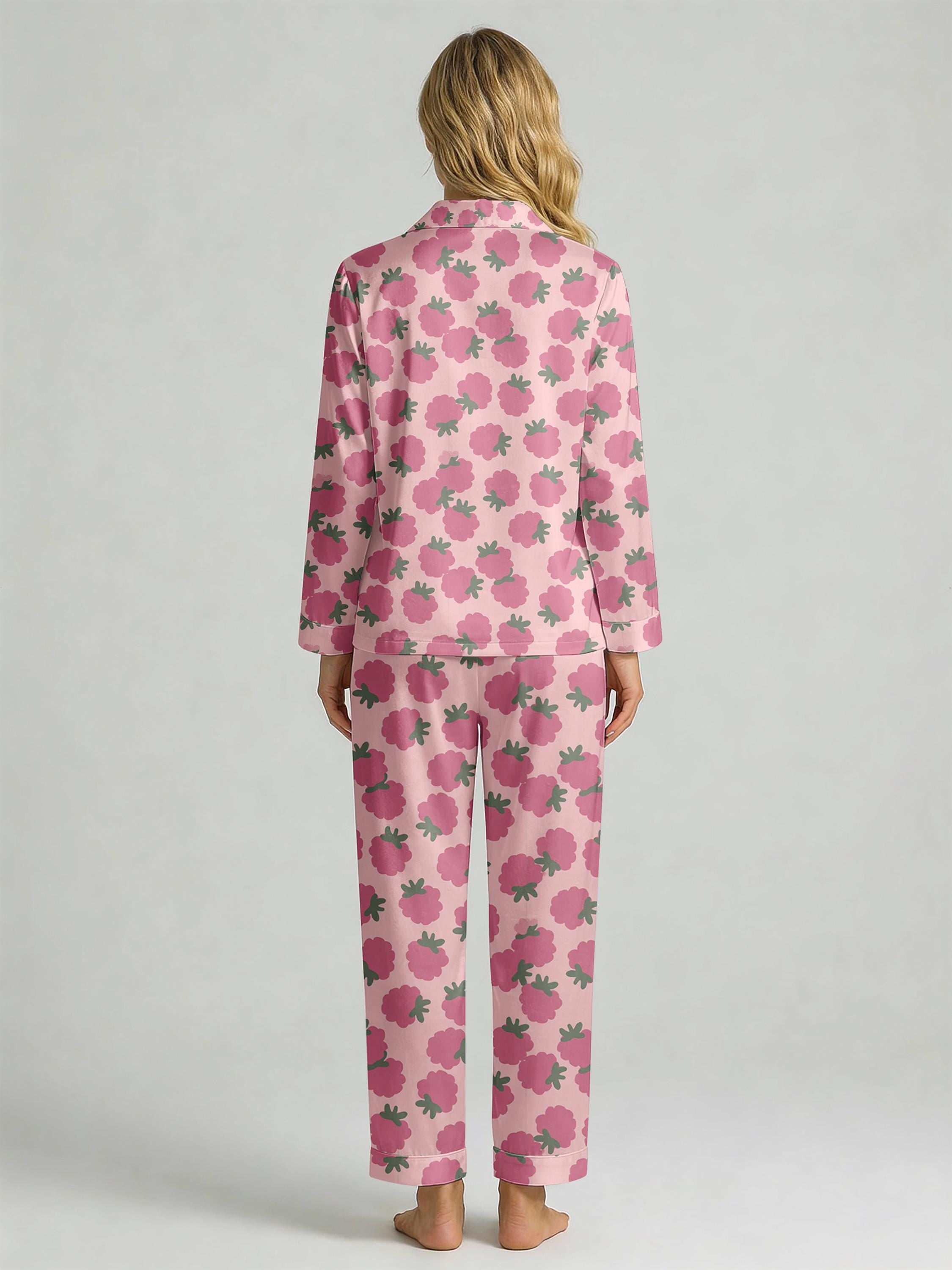 Women’s Long Sleeve Pajama Set – Pink Raspberry Print Sleepwear, Cozy Loungewear for Home
