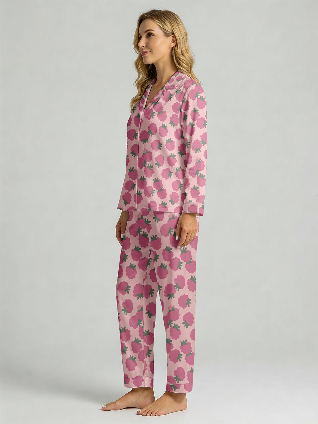 Women’s Long Sleeve Pajama Set – Pink Raspberry Print Sleepwear, Cozy Loungewear for Home