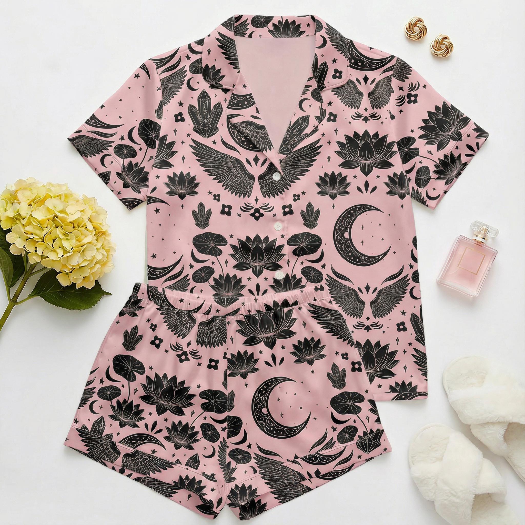 Women’s Short Sleeve Pajama Set – Moon and Wing Print Sleepwear, Pink Cozy Loungewear for Home