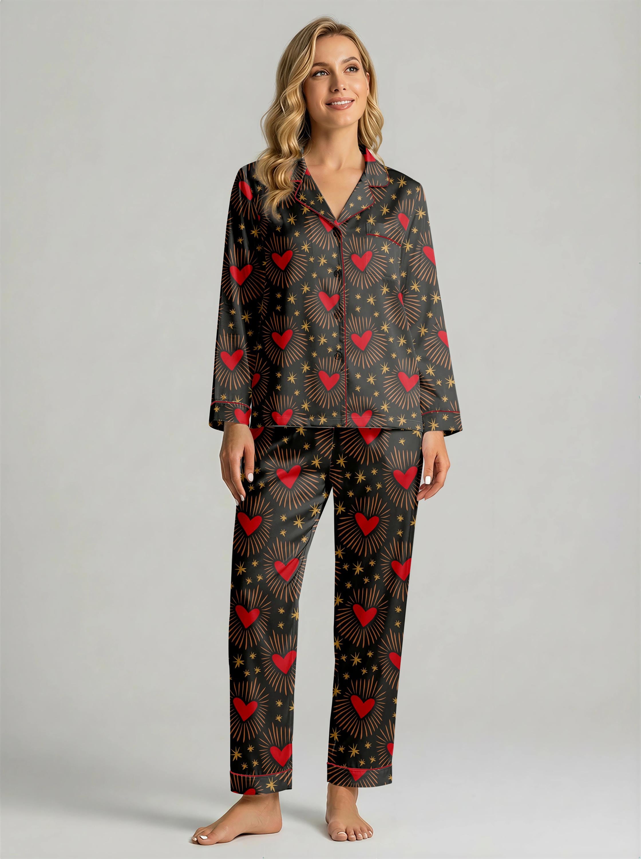 Women’s Long Sleeve Pajama Set – Heart and Star Print Sleepwear, Cozy Loungewear for Home