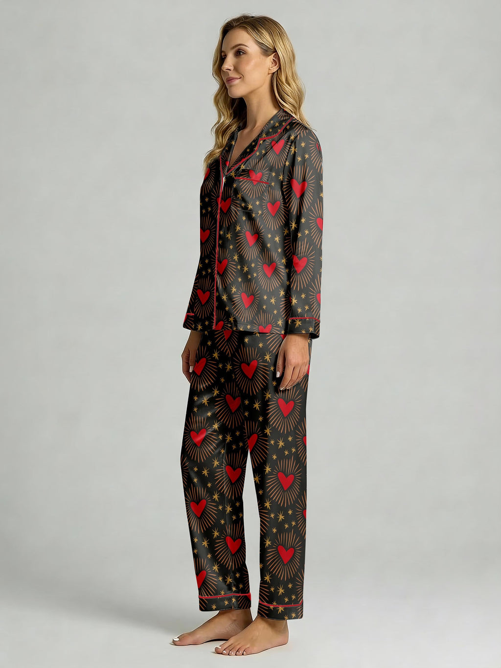 Women’s Long Sleeve Pajama Set – Heart and Star Print Sleepwear, Cozy Loungewear for Home