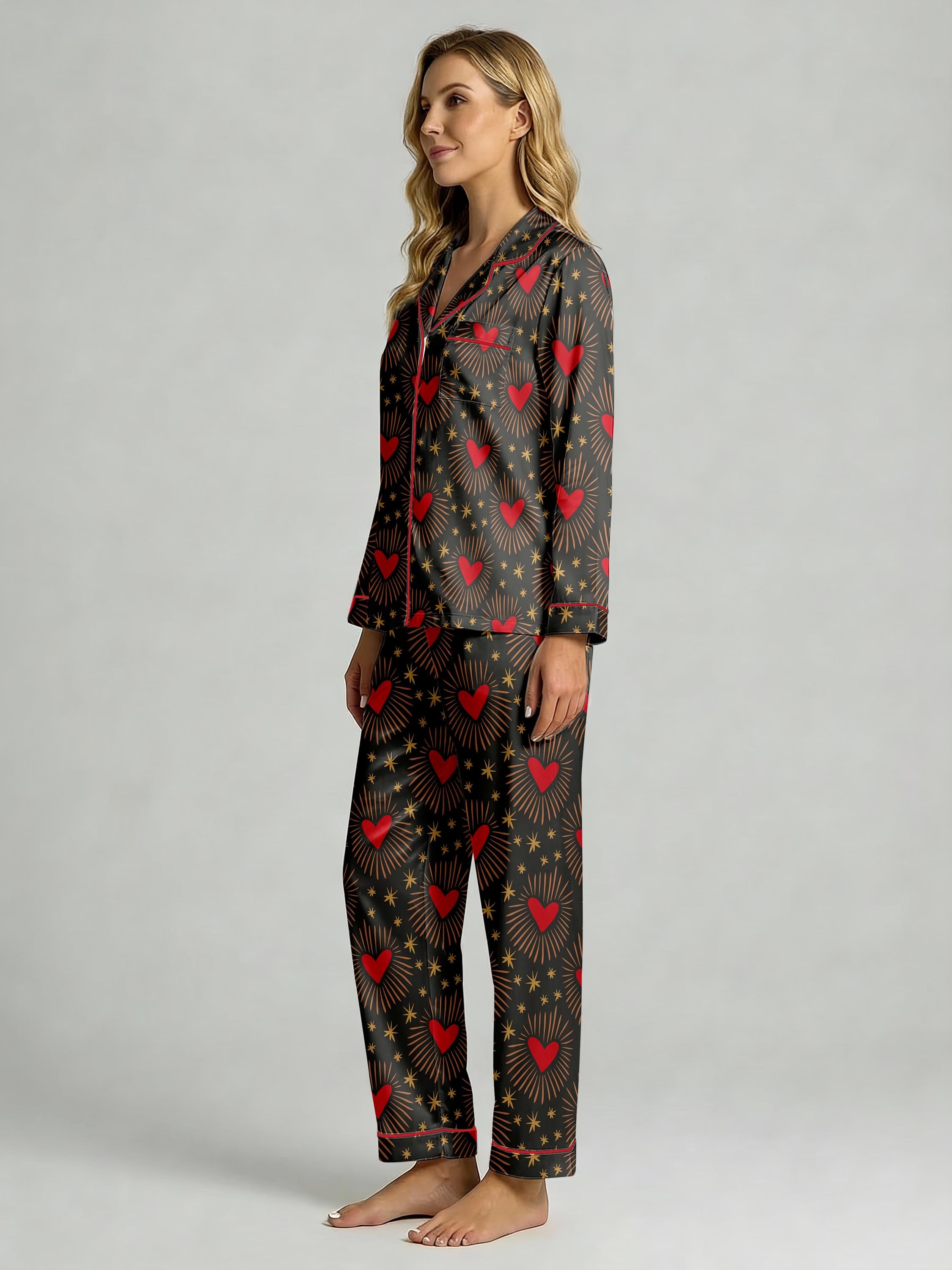 Women’s Long Sleeve Pajama Set – Heart and Star Print Sleepwear, Cozy Loungewear for Home