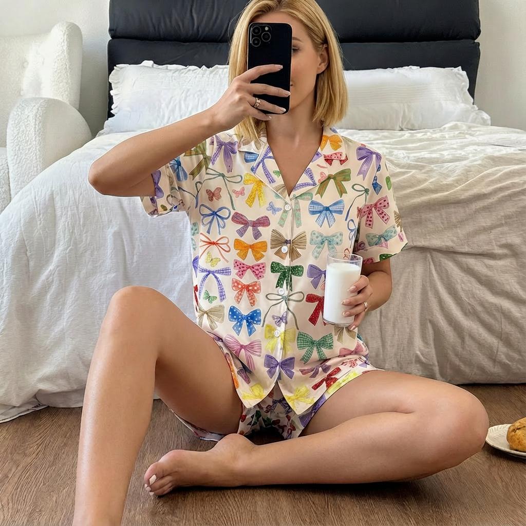 Women’s Short Sleeve Pajama Set – Colorful Bow Print Sleepwear, Pink Loungewear for Home