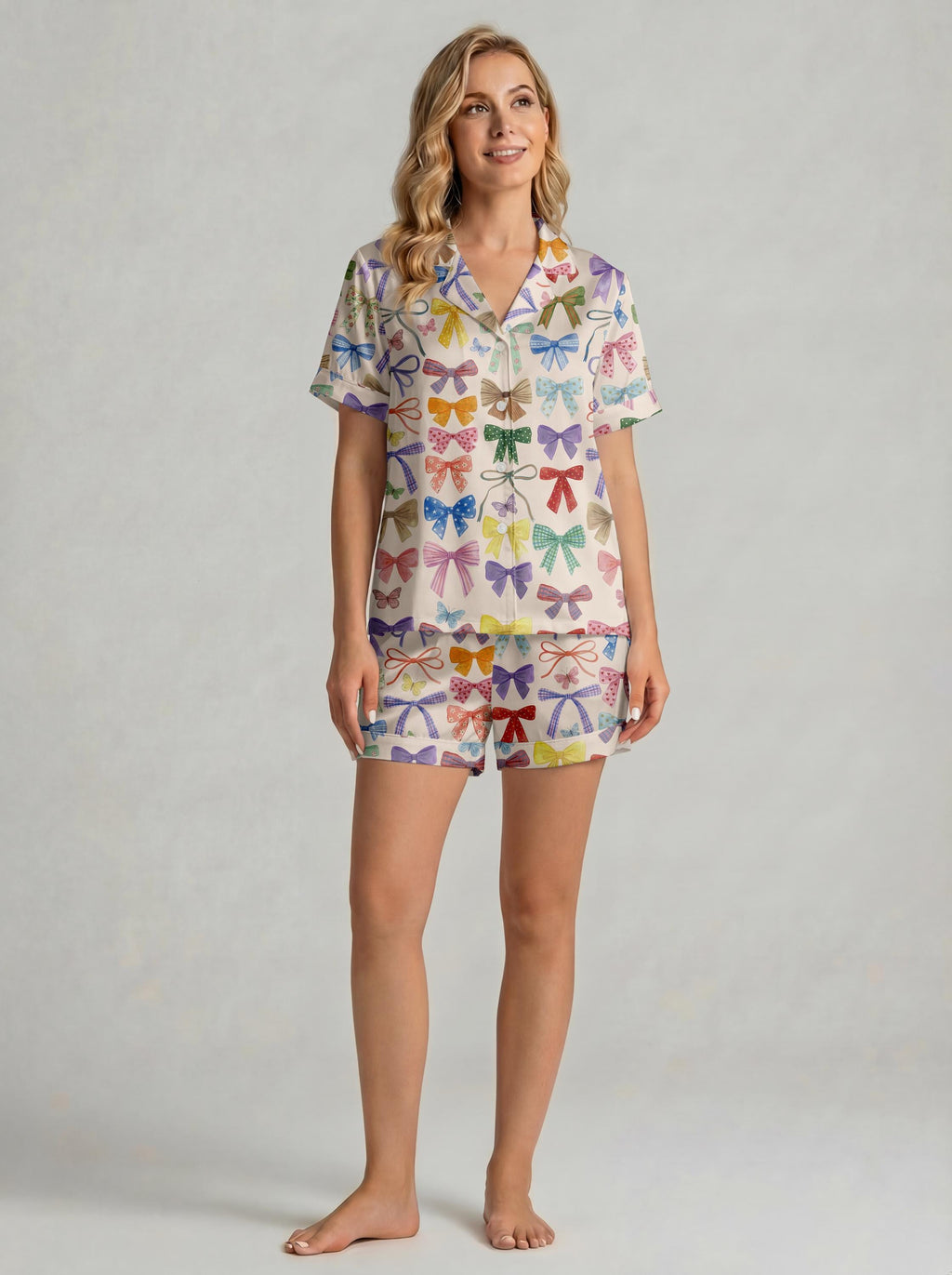 Women’s Short Sleeve Pajama Set – Colorful Bow Print Sleepwear, Pink Loungewear for Home