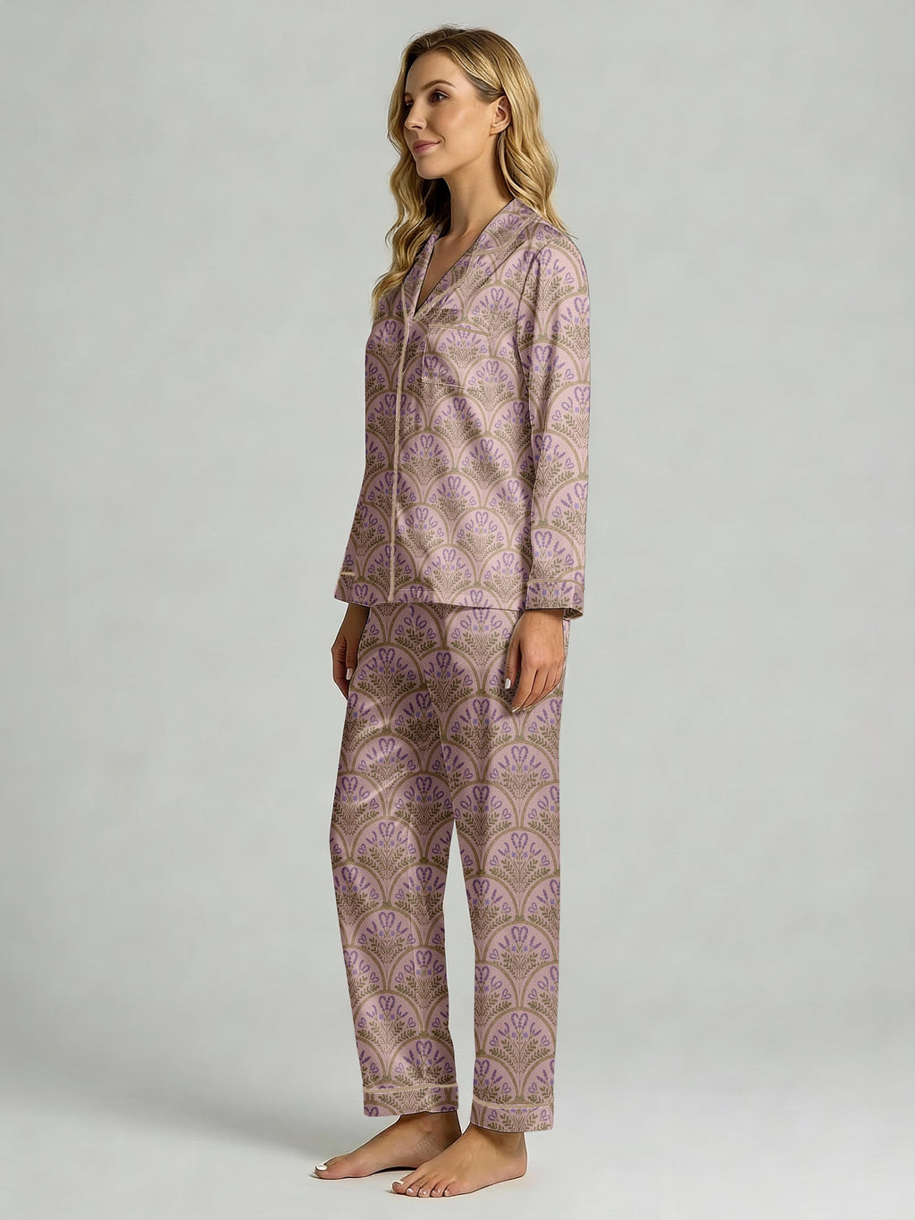 Lavender Floral Pajama Set – Women’s Long Sleeve Vintage Boho Sleepwear
