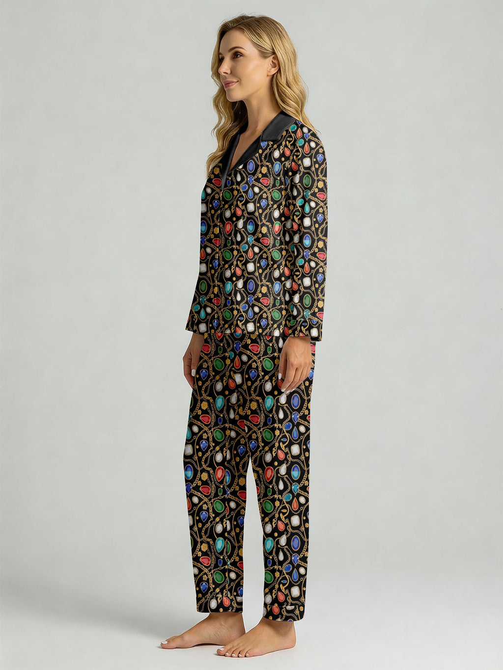 Women’s Long Sleeve Pajama Set – Jewel Chain Print Sleepwear, Elegant Cozy Loungewear for Home