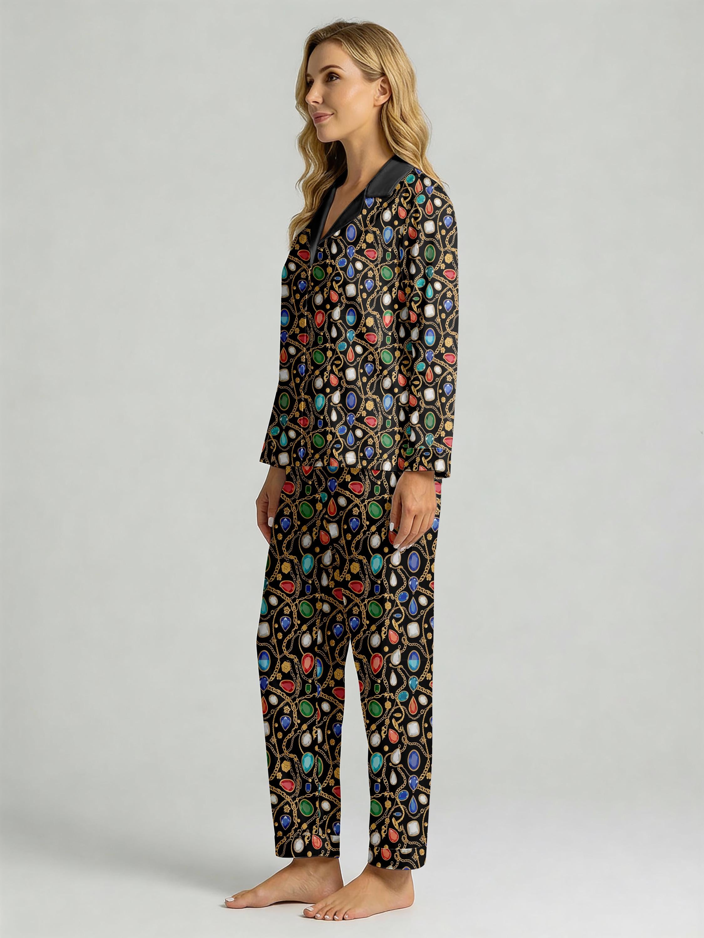 Women’s Long Sleeve Pajama Set – Jewel Chain Print Sleepwear, Elegant Cozy Loungewear for Home