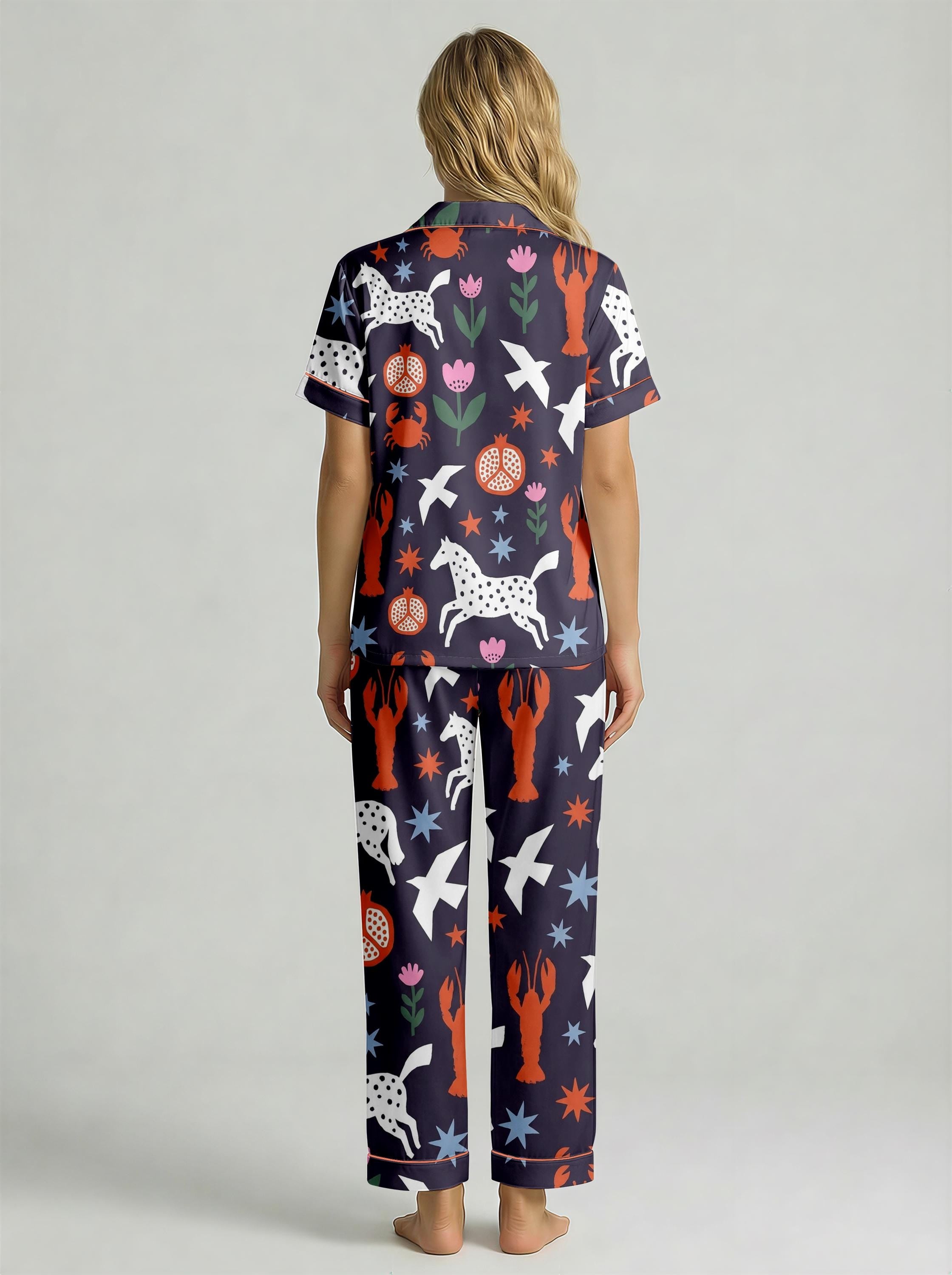 Satin Pajama Set, Navy Lobster Print Loungewear