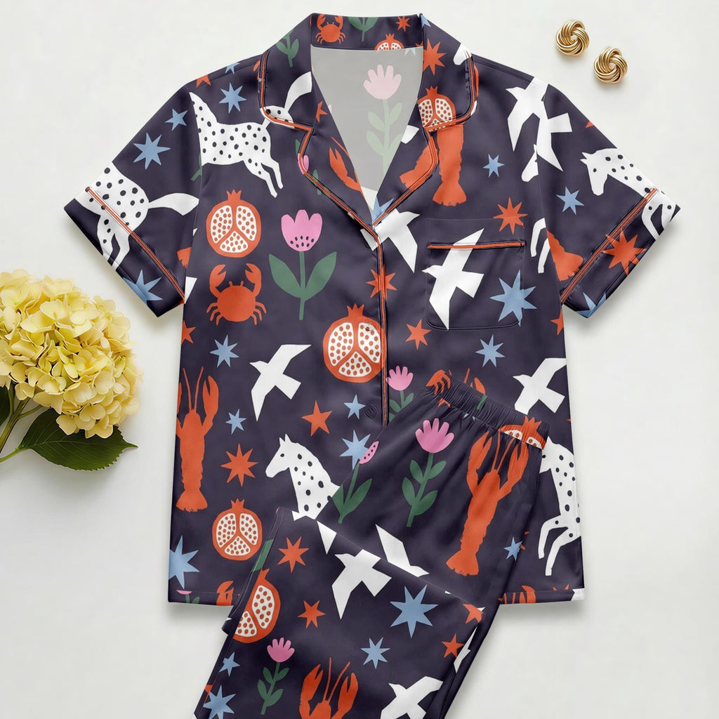 Satin Pajama Set, Navy Lobster Print Loungewear