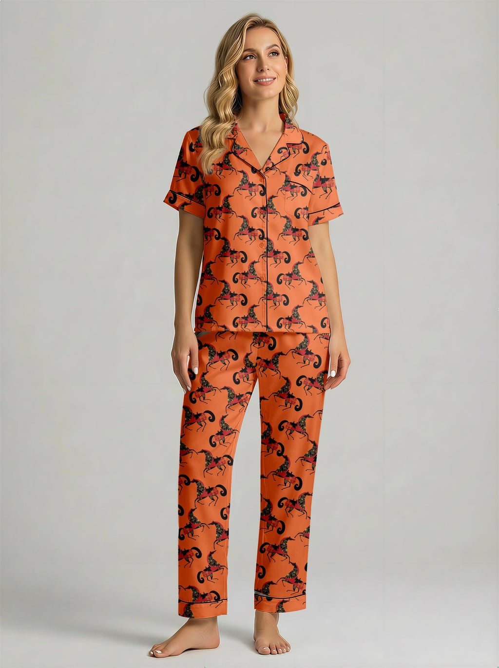 Lunar New Year Pajama Set – Women's Faux Silk Horse Print Sleepwear
