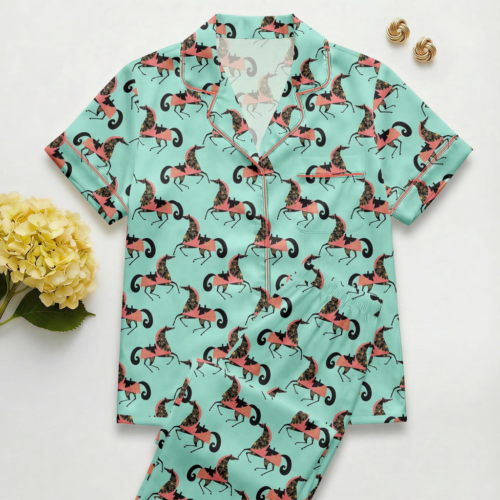 Lunar New Year Pajama Set – Women's Faux Silk Horse Print Sleepwear