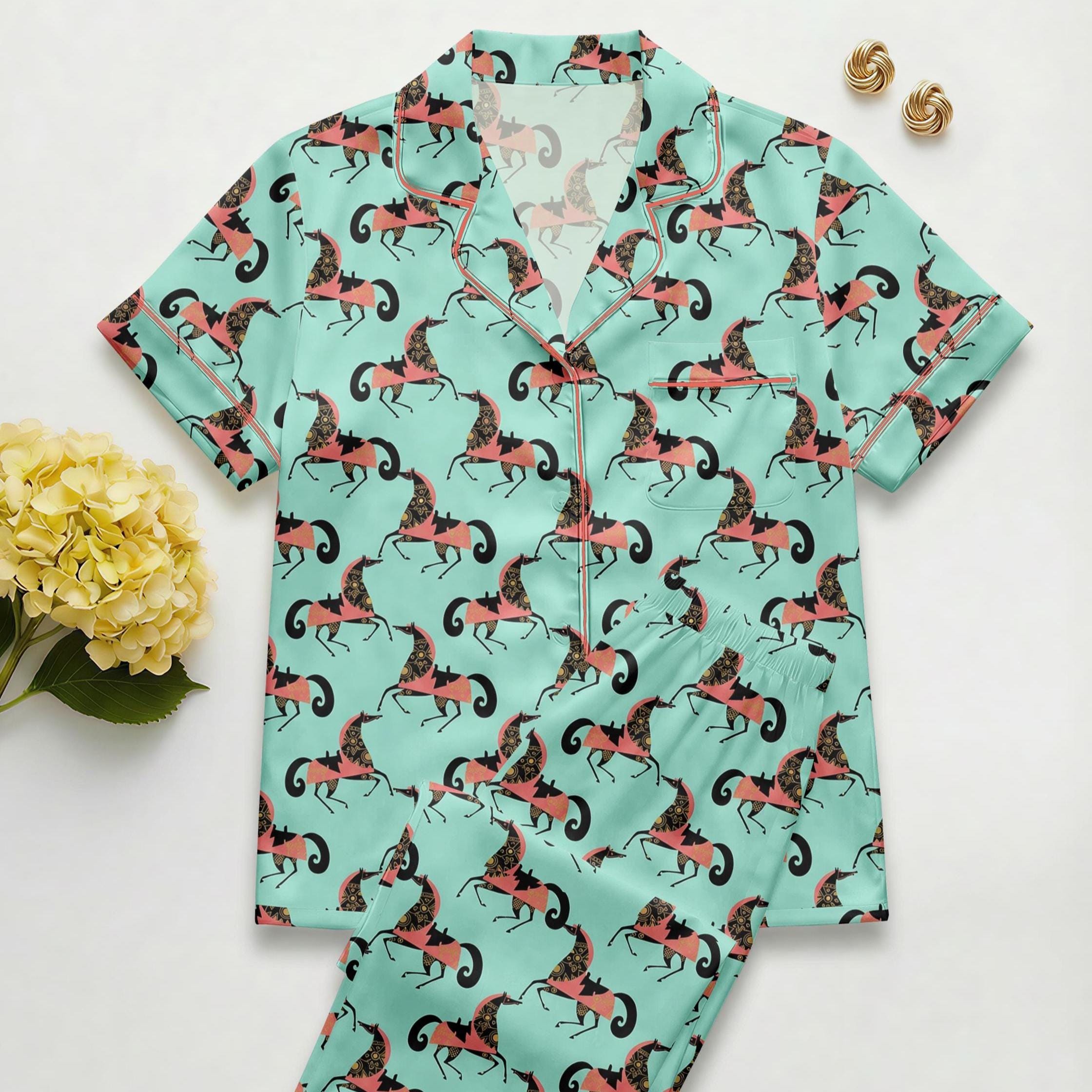 Lunar New Year Pajama Set – Women's Faux Silk Horse Print Sleepwear