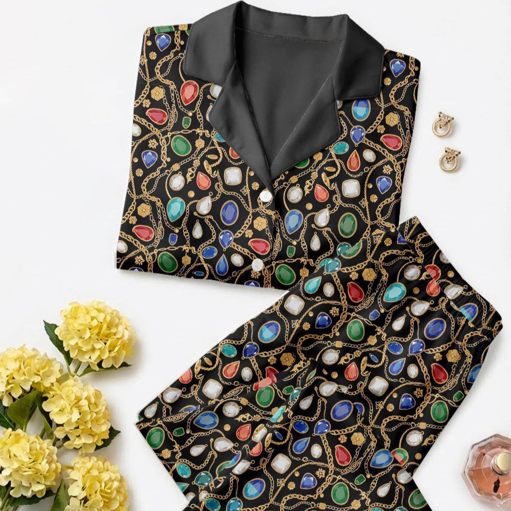 Women’s Long Sleeve Pajama Set – Jewel Chain Print Sleepwear, Elegant Cozy Loungewear for Home