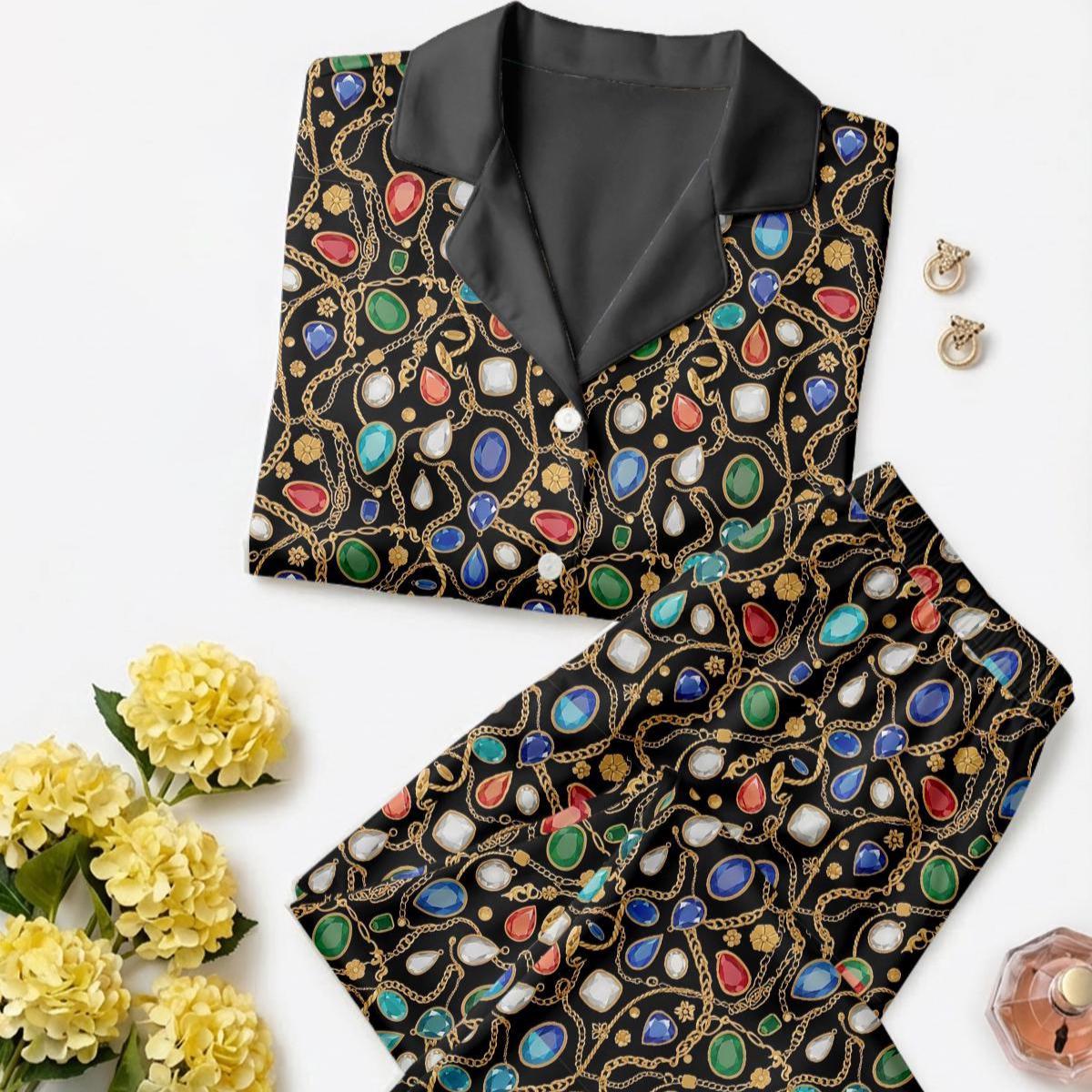 Women’s Long Sleeve Pajama Set – Jewel Chain Print Sleepwear, Elegant Cozy Loungewear for Home