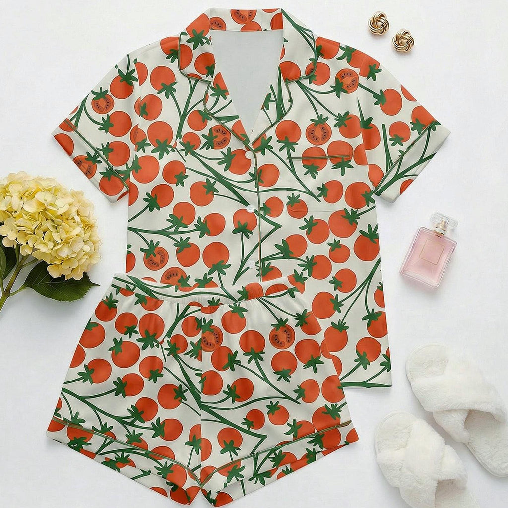 Hand-Drawn Fruit Women’s  Pajama Set ,tomato art print Sleepwear, Summer loungewear for her,satin pajamas for mothers day