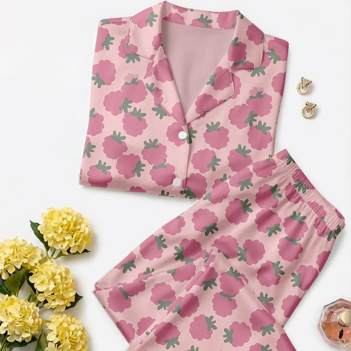 Women’s Long Sleeve Pajama Set – Pink Raspberry Print Sleepwear, Cozy Loungewear for Home