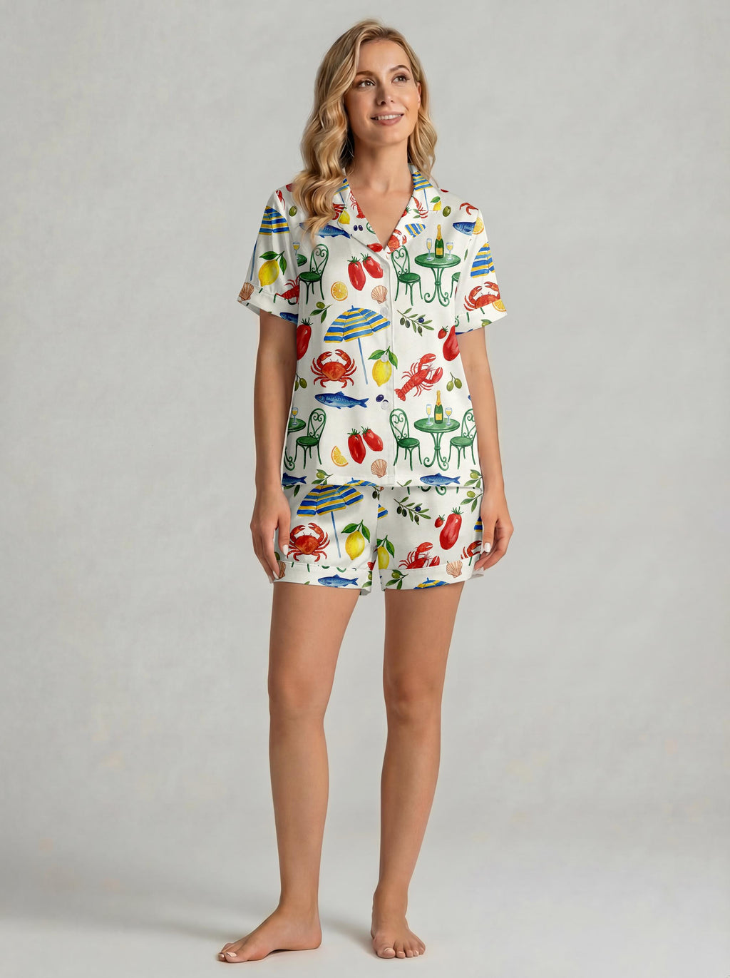 Women’s Short Sleeve Pajama Set – Playful Summer Seafood & Lemon Print Sleepwear, Cozy Lightweight Loungewear for Home