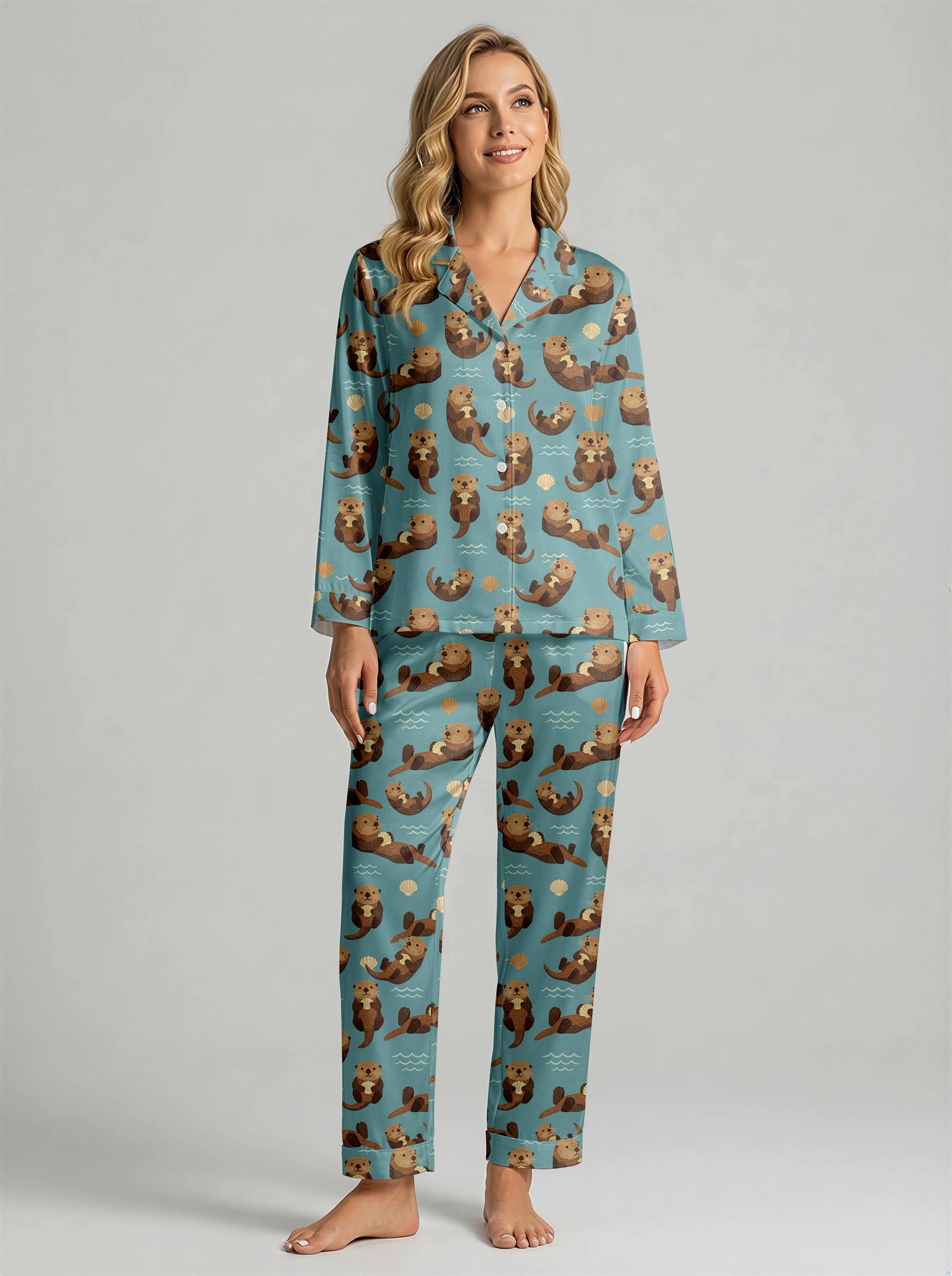 Women’s Long Sleeve Pajama Set – Otter Print Sleepwear, Cozy Lightweight Loungewear for Home