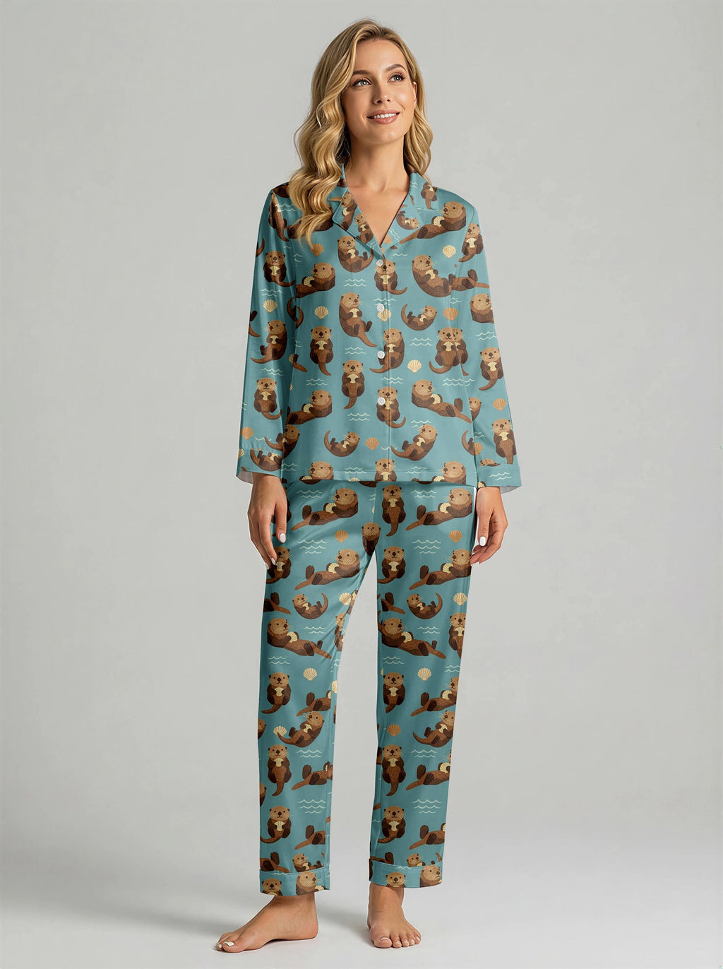 Women’s  Pajama Set – Otter Print Sleepwear,Gift for Her,Gift for Mom Cozy Lightweight ,matching pajamas,Otter gift